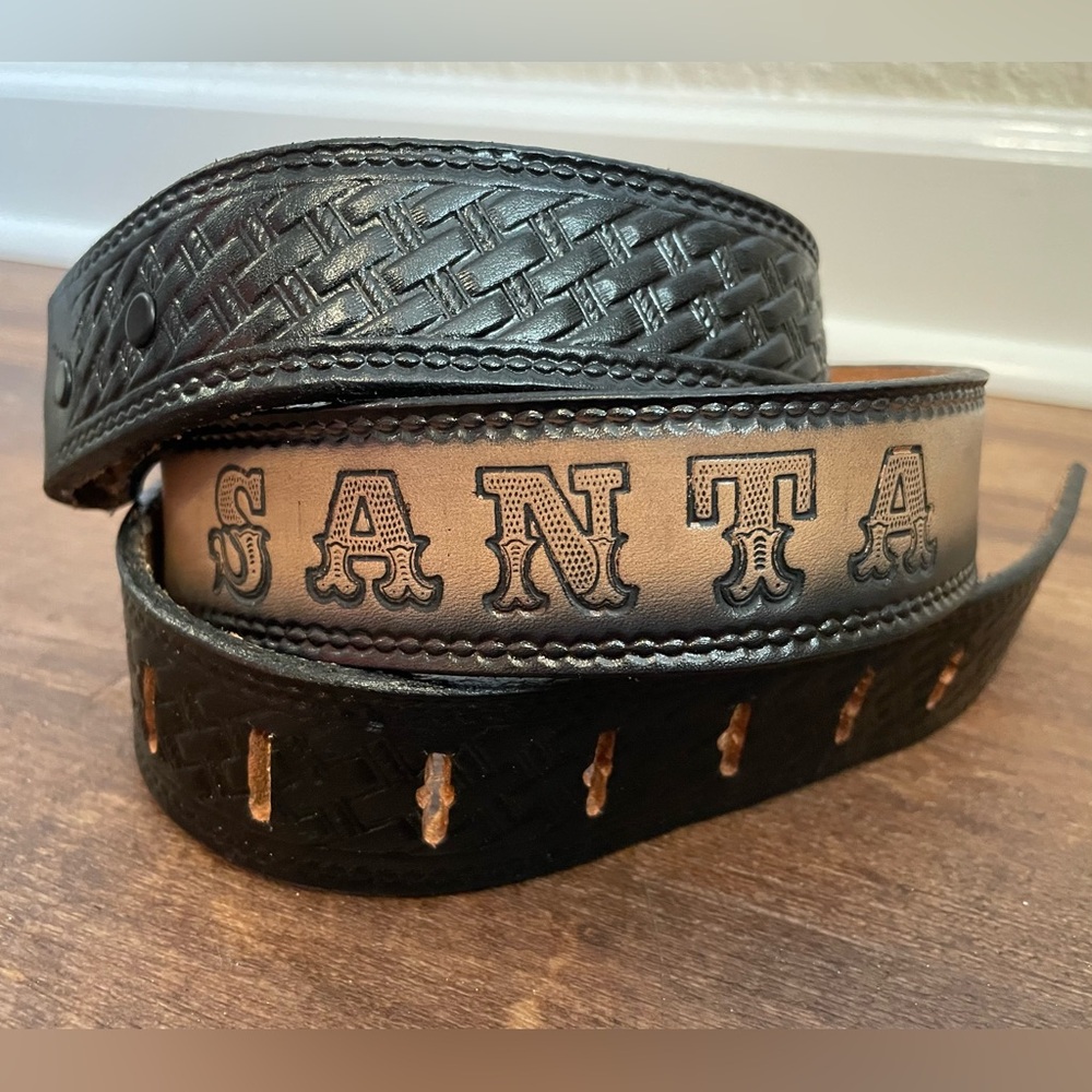 Vintage brown leather Santa engraved belt mens size 40